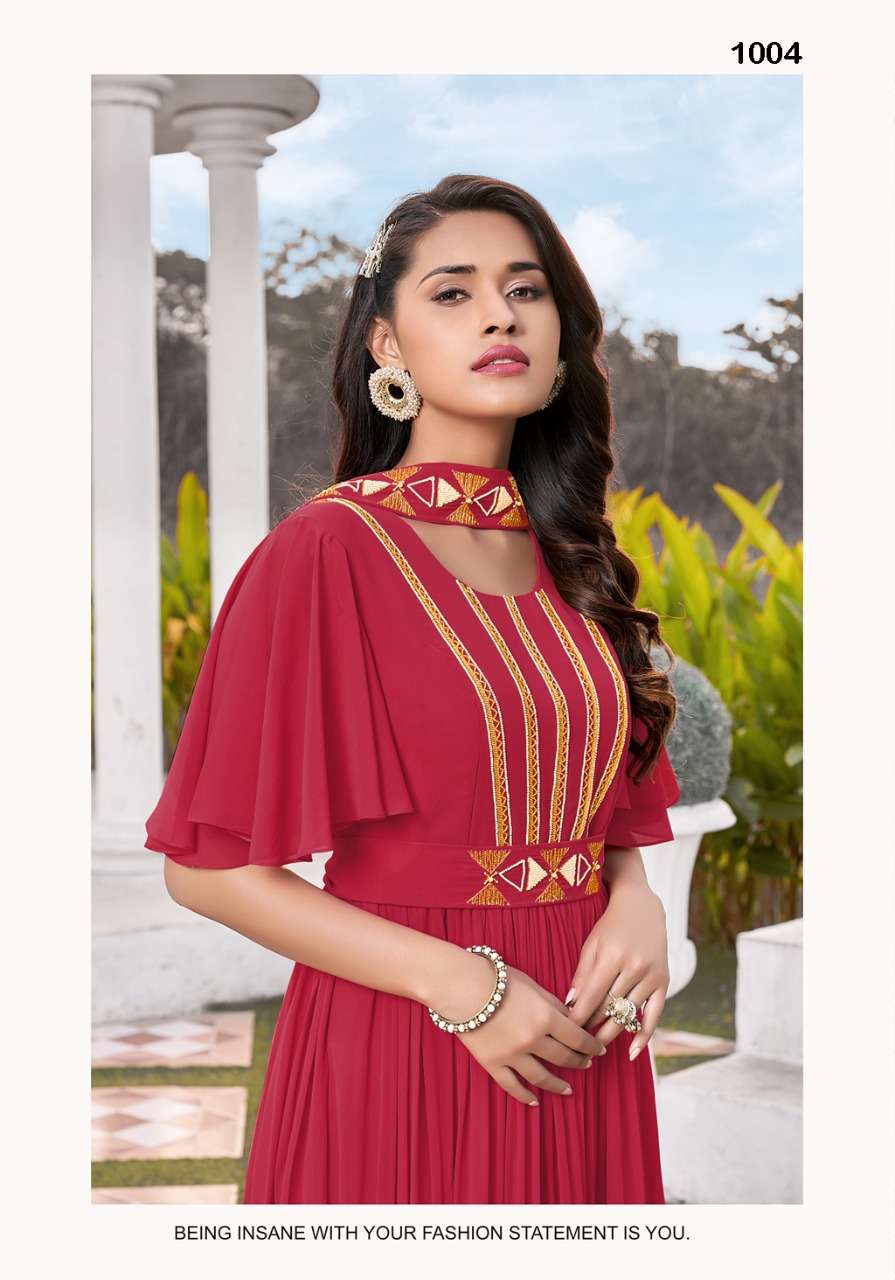 S3forever- Retro Vol 1-Fabric-Gorgette-Handwork-Long-Gown-Kurti-With Inner-1004-C